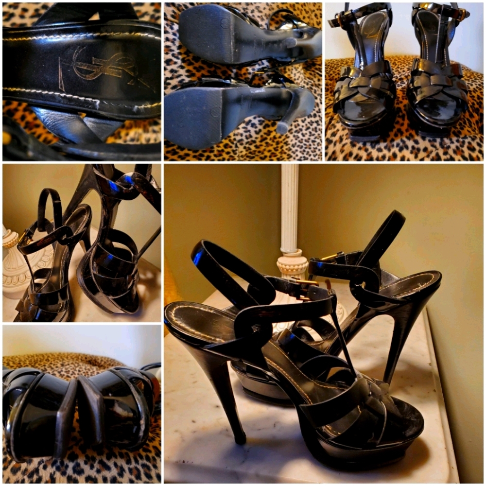 YSL Saint Laurent black patent platform sandals